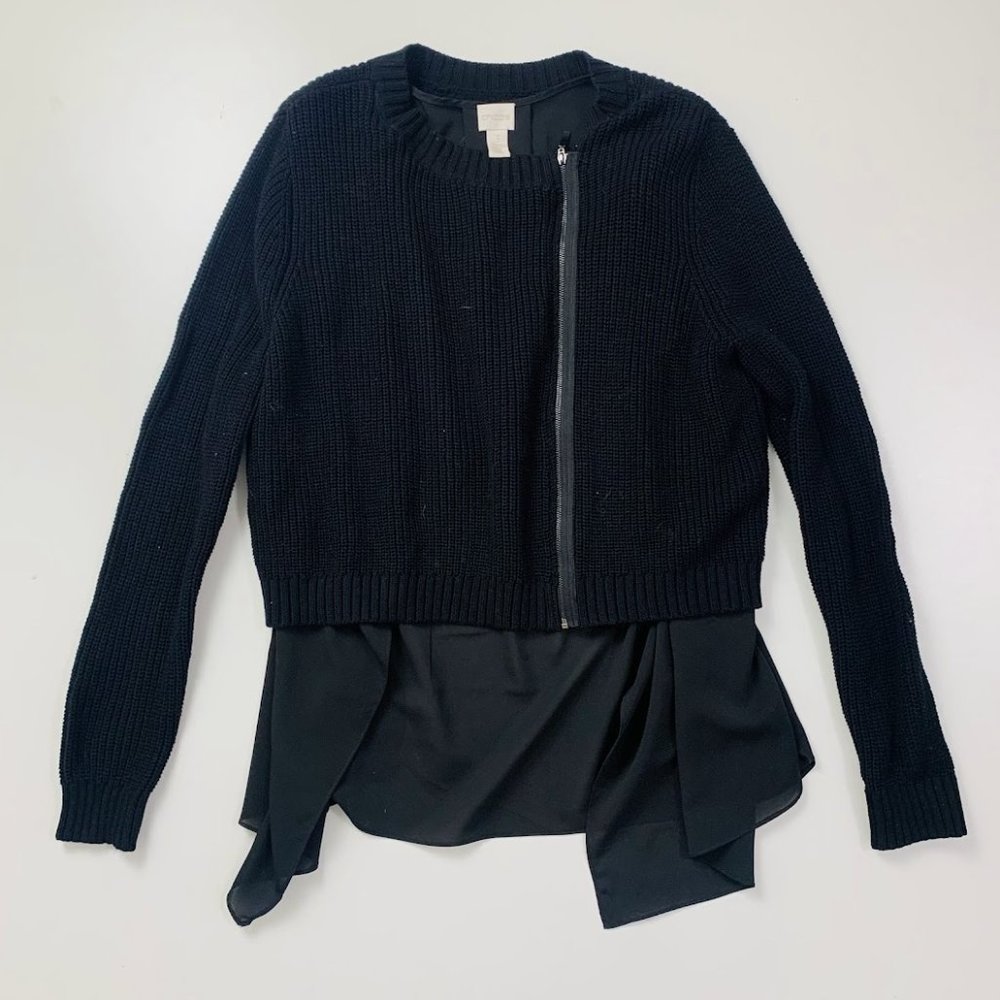 NWT Chico's Minerva Woven Mixed Cardigan Sweater Chiffon Low High Hem Black XL